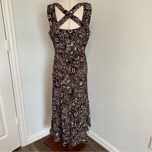 Vintage Sheri Martin Midi Floral Brown White V Neck Criss Cross Size 10